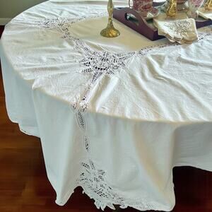 White Battenburg Lace Tablecloth-Large 84x58'' Rectangle-Vintage Cotton-Linen